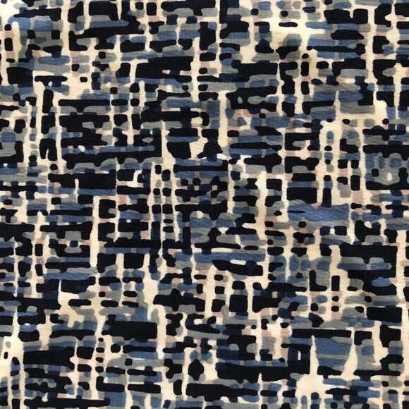 Melanie Lyne Cap Sleeve Faux Turtleneck Poly Abstract Print Top Navy Cream Sz L - Picture 4 of 9